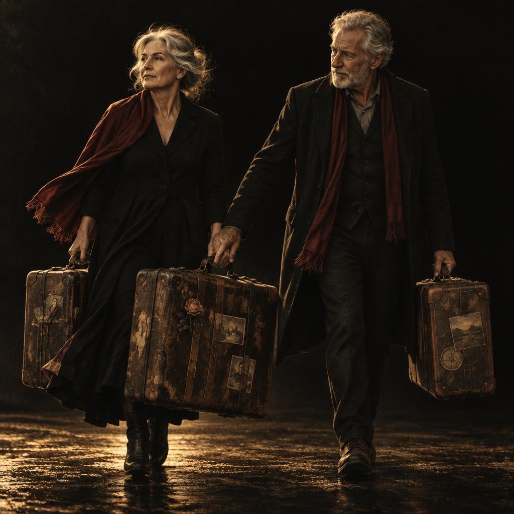 A mature man reaching for the second handle of a woman's heavy suitcase as they walk together