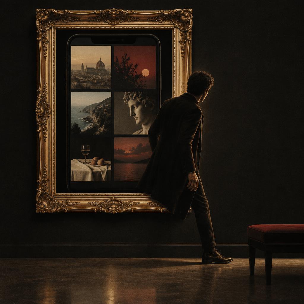 A man stepping out of a gilded frame holding six dating-profile photographs