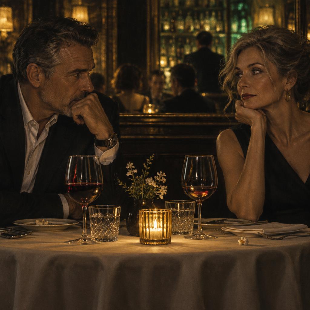 A mature couple quietly studying each other across a candlelit restaurant table