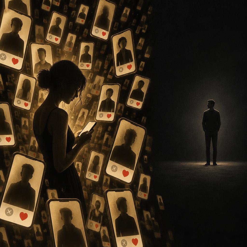 A woman surrounded by dating profiles while a lone man stands unnoticed in the dark